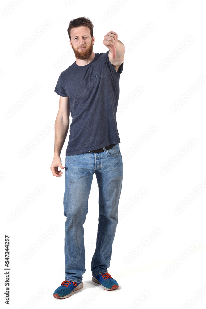 Fototapeta premium man with tuhmbs down sign white background