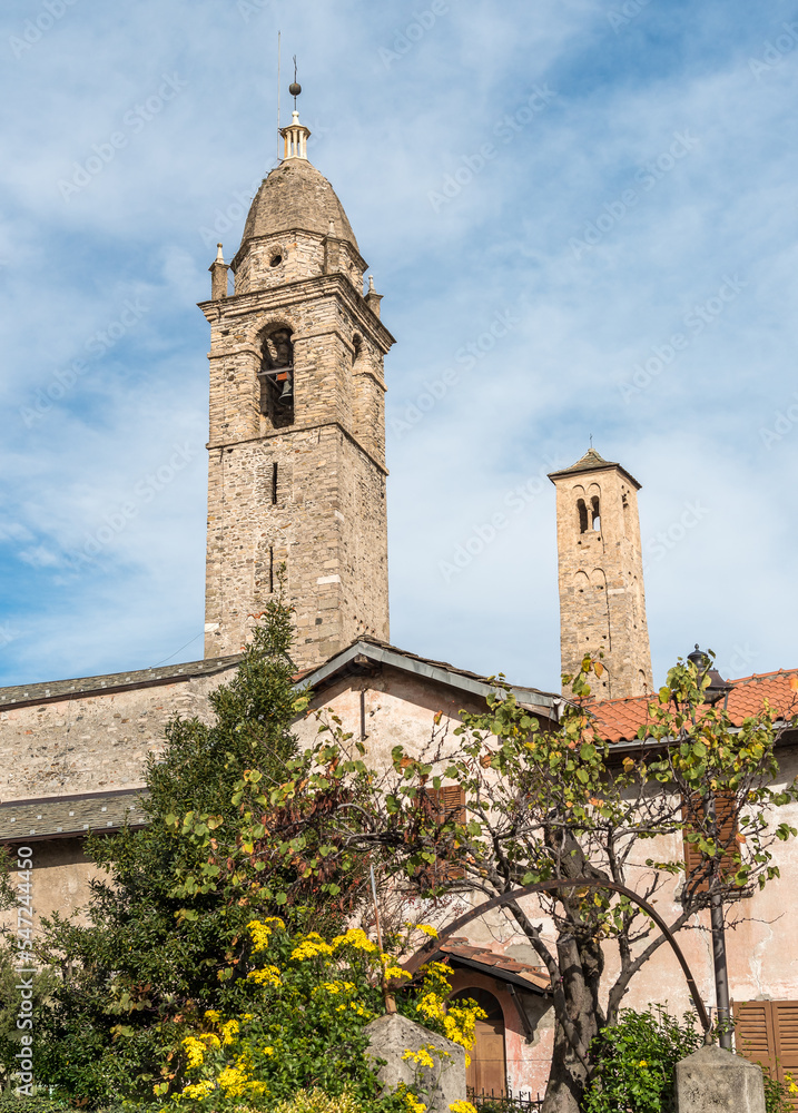 View of the bell tower of San Vito catholic church in Cremia, province of Como, Lombardy, Italy