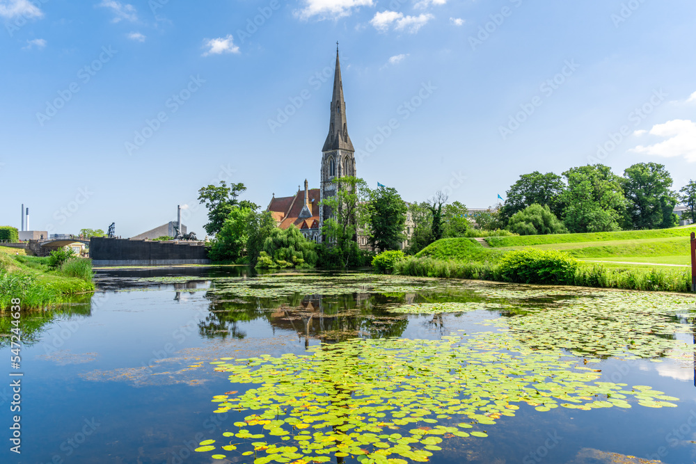 Naklejka premium St. Alban's (Albans) Anglican Church near citadel Kastellet fortress in park Churchillparken in Copenhagen, Denmark