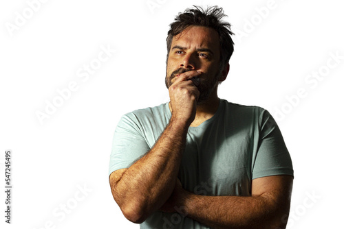 A man with messy hair with a hand on his mouth and looking to nowhere, just thinking. Transparent background