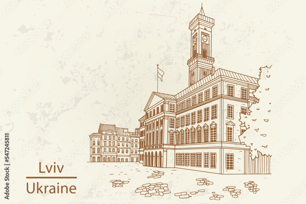 Vector sketch of town hall in Lviv, Ukraine.