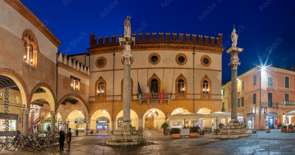 RAVENNA, ITALY - JANUARY 27, 2020: The square Piazza del Popolo at dusk.