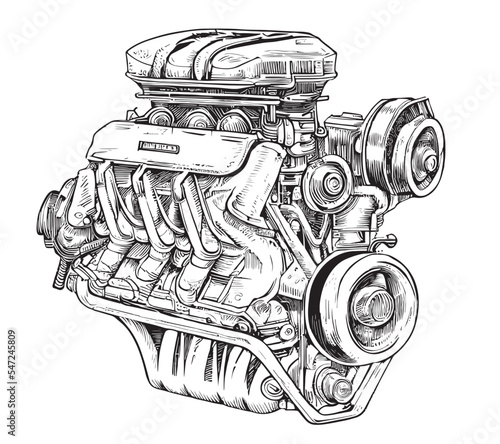 Car engine sketch hand drawn engraved style Engineering Vector illustration