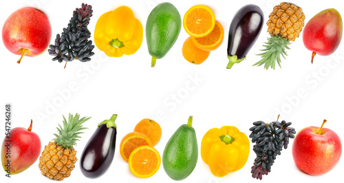 Vegetables and fruits isolated on a white . Free space for text.
