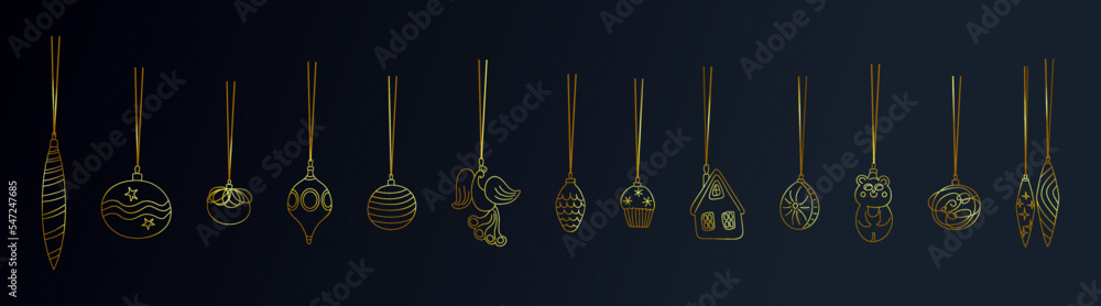 Golden christmas baubles handing on strings set vector illustration. Xmas balls. Hand drawn ornaments. Golden outline clip art elements isolated on dark blue background Golden christmas baubles handing on strings set vector illustration. Xmas balls. Hand drawn ornaments. Golden outline clip art elements isolated on dark blue background
