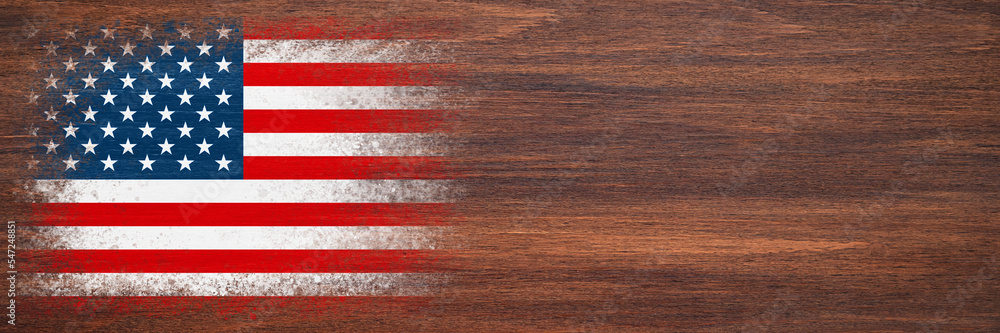 Flag of USA. Flag is painted on a wooden surface. Wooden background. Plywood surface. Copy space. Textured background Flag of USA. Flag is painted on a wooden surface. Wooden background. Plywood surface. Copy space. Textured background