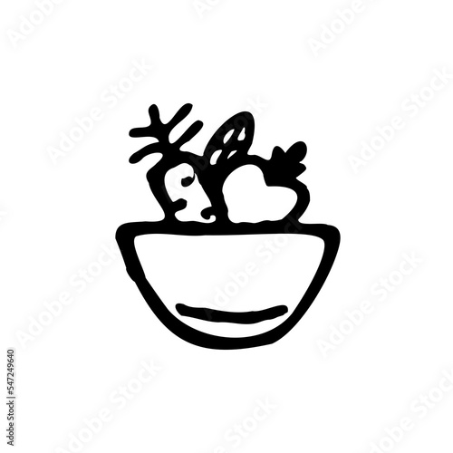 Black line art doodle illustration of vegetable in plate isolated on white background. Hand drawn healthy meal symbol. Quality design element. Flat salad icon.