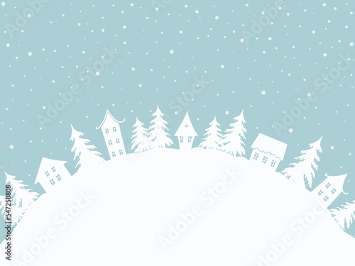 Christmas background. Winter village. Fairy tale winter landscape. There are white houses and fir trees on light blue background in the image. There is a place for your text. Vector illustration
