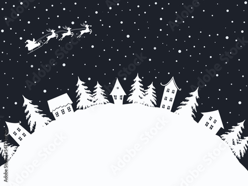 Christmas background. Winter village. Fairy tale winter landscape. There are white houses and fir trees on dark blue background. Santa Claus is riding across the sky on deer. Vector illustration