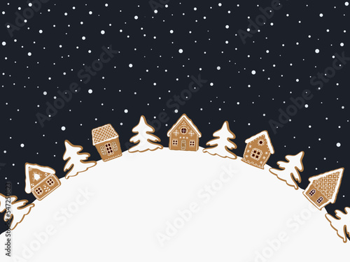 Christmas background. Gingerbread village. There are gingerbread houses, fir trees on dark blue background. Fairy tale winter landscape. Vector illustration