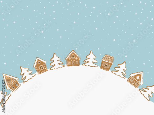 Christmas background. Gingerbread village. There are gingerbread houses, fir trees on light blue background. Fairy tale winter landscape. Vector illustration