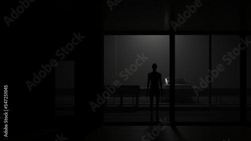silhouette of a person in a window 3d render