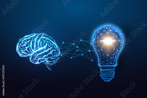 Brainstorm, idea, solution futuristic concept with brain and light bulb on dark blue background