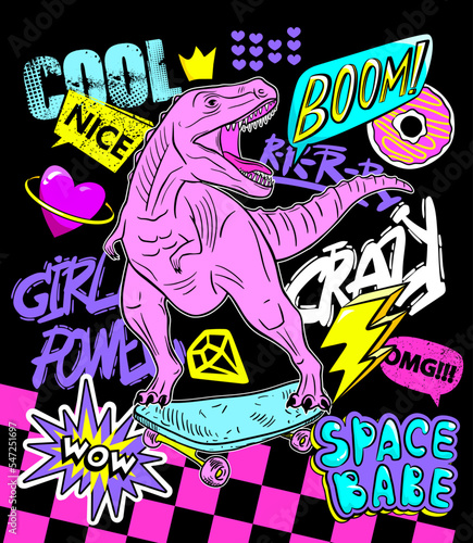 Cute abstract illustration with  cartoon dinosour. Cool fashion girlish illustration for t-shirt design. Girl power