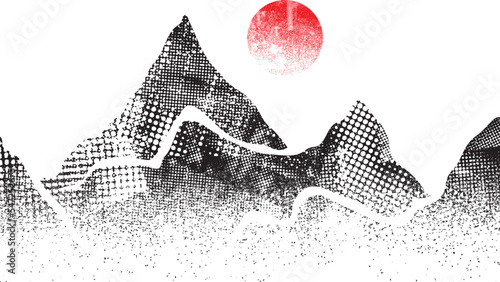 Mountain silhouettes with sun textured with halftone dots textures. Peaks in sunset. Transparent background .Overlay texture . Fog over mountain landscape . Summit and sunset logo .Vector 