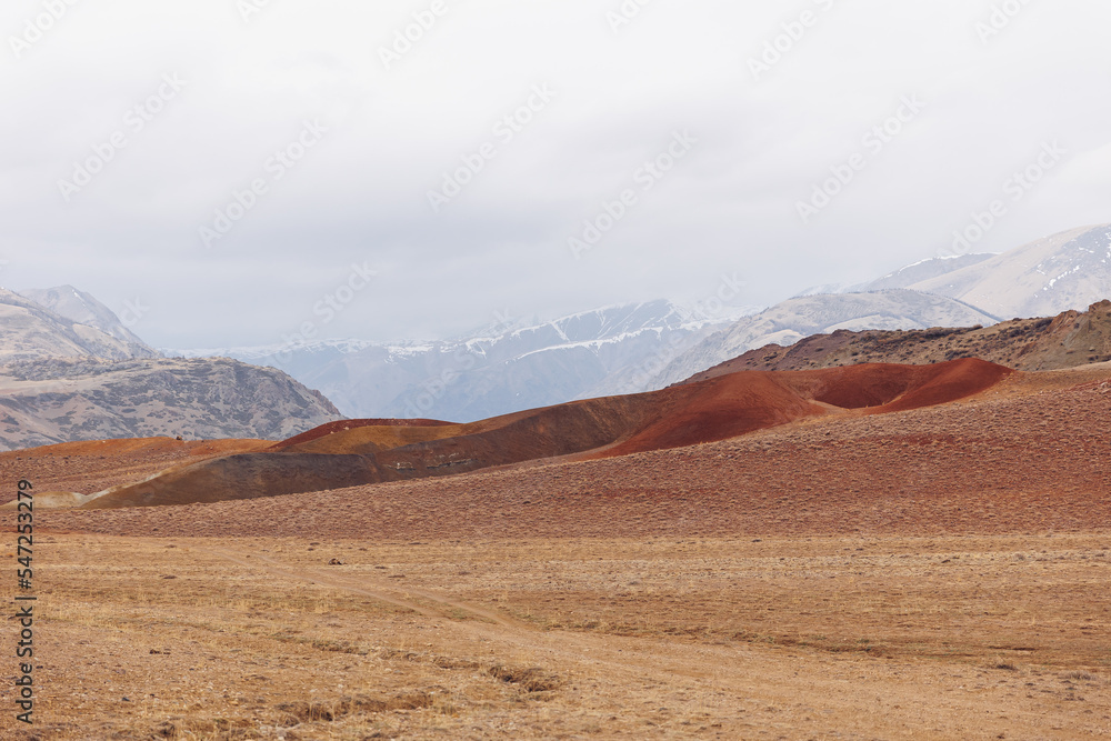 Gobi desert lifeless landscape mountains Altai Republic Russia, texture of red sandstone in Mars valley