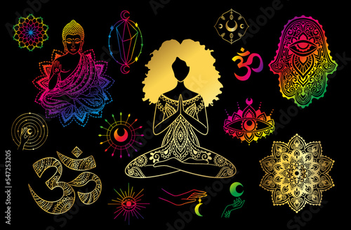 Buddha, Yoga Poses Hamsa, Moon, On, Hand. India set.