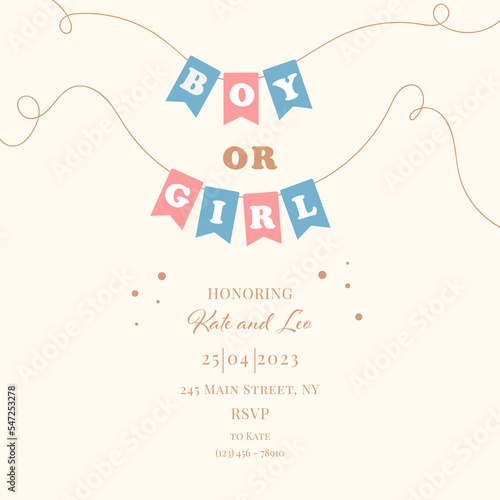 Invitation for gender reveal party with pregnant mother. Vector flat illustration for card, , design, flyer, poster, decor, banner, web, advertising. Beautiful girl, woman.	
