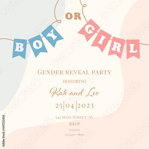 Invitation for gender reveal party with pregnant mother. Vector flat illustration for card, , design, flyer, poster, decor, banner, web, advertising. Beautiful girl, woman.	