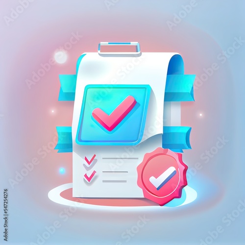 Approval icon, document accredited, authorized agreement, accreditation symbol with checkmark. 3d 2d illustrated illustration. photo