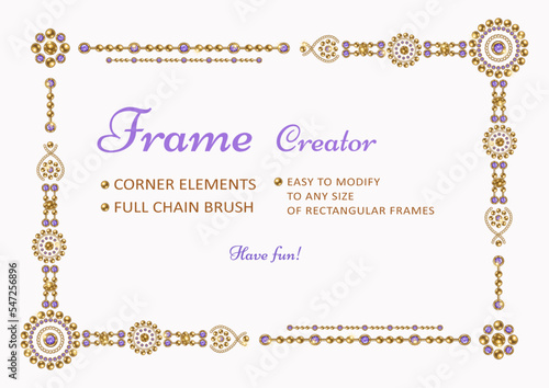 Frame creator with corner elements, round jewelry motifs, pattern chain brush. Easy to modify to various size of frame. Gold elements with purple gems. White background. Vintage style.