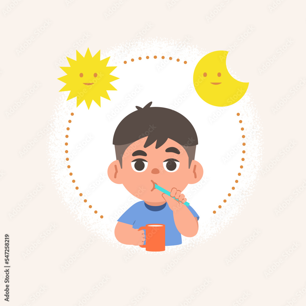a Asian boy cleaning teeth with toothbrush by brushing teeth with circle and sun and moon, meaning is daily routine daytime and nighttime brushing teeth. illustration cartoon character vector design.