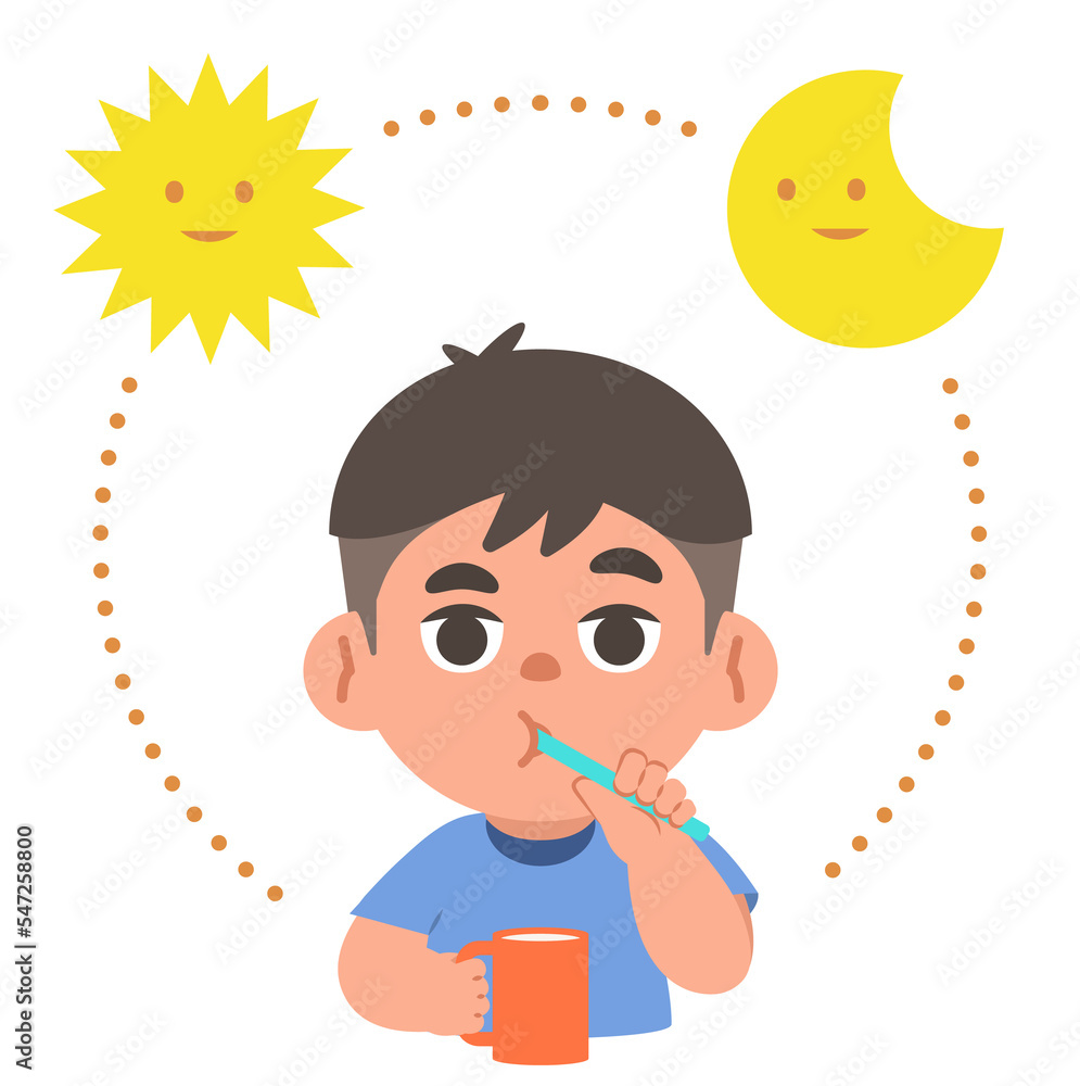 a Asian boy cleaning teeth with toothbrush by brushing teeth with circle and sun and moon, meaning is daily routine daytime and nighttime brushing teeth. illustration cartoon character vector design. a Asian boy cleaning teeth with toothbrush by brushing teeth with circle and sun and moon, meaning is daily routine daytime and nighttime brushing teeth. illustration cartoon character vector design.