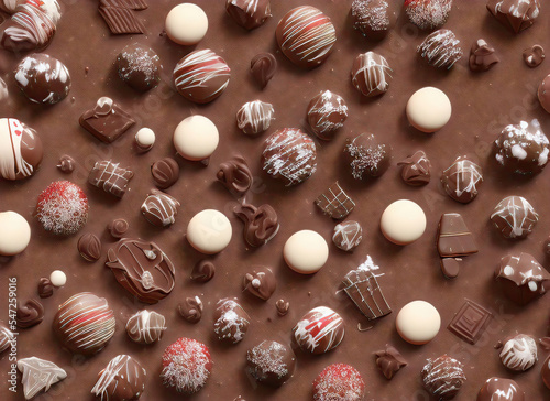 chocolate candies background with white chocolate, milk chocolate and dark chocolate