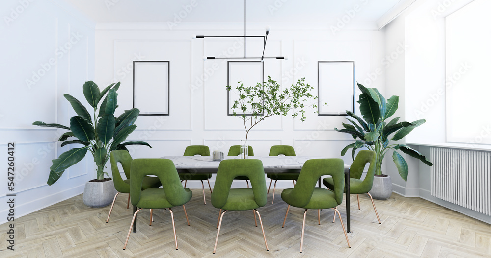 Fototapeta premium Jadalnia, projekt aranżacji wnętrz, kamienny stół i zielone krzesła. Render 3D