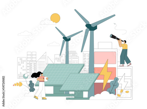 People alternative renewable energy sources. Wind energy, natural resource extraction, earth hour, energy saving. Vector illustration isolated on white background