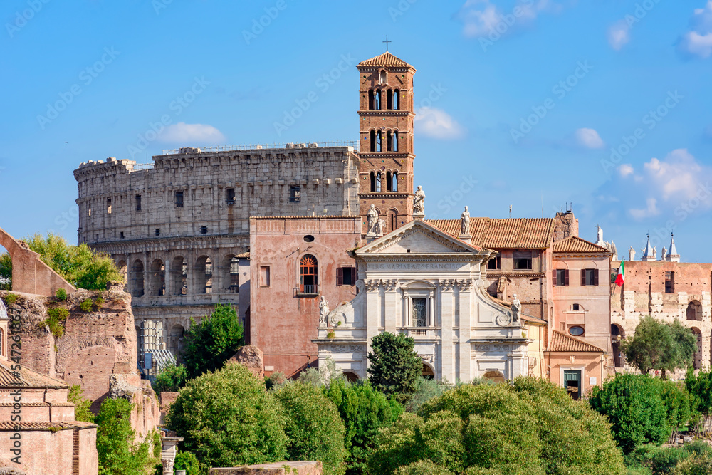 Roman Forum and Colosseum building in Rome, Italy