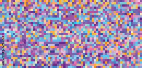 Multicolored pixel mosaic by violet, orange and blue. Tessellated pattern. CMYK colors