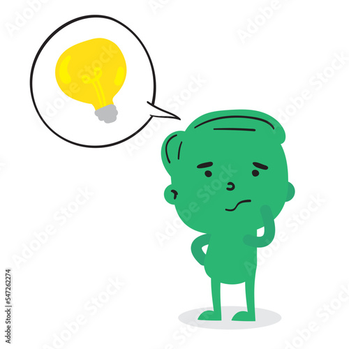 Dibujo garabato en vectores de personajes divertidos estilo caricatura con globo de pensamiento y bombilla de idea y duda para infografía.