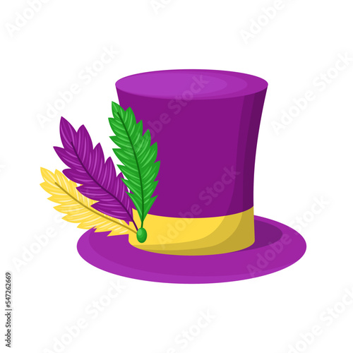 Vector cartoon cylinder hat with feathers. Mardi Gras costume accessory isolated on white background
