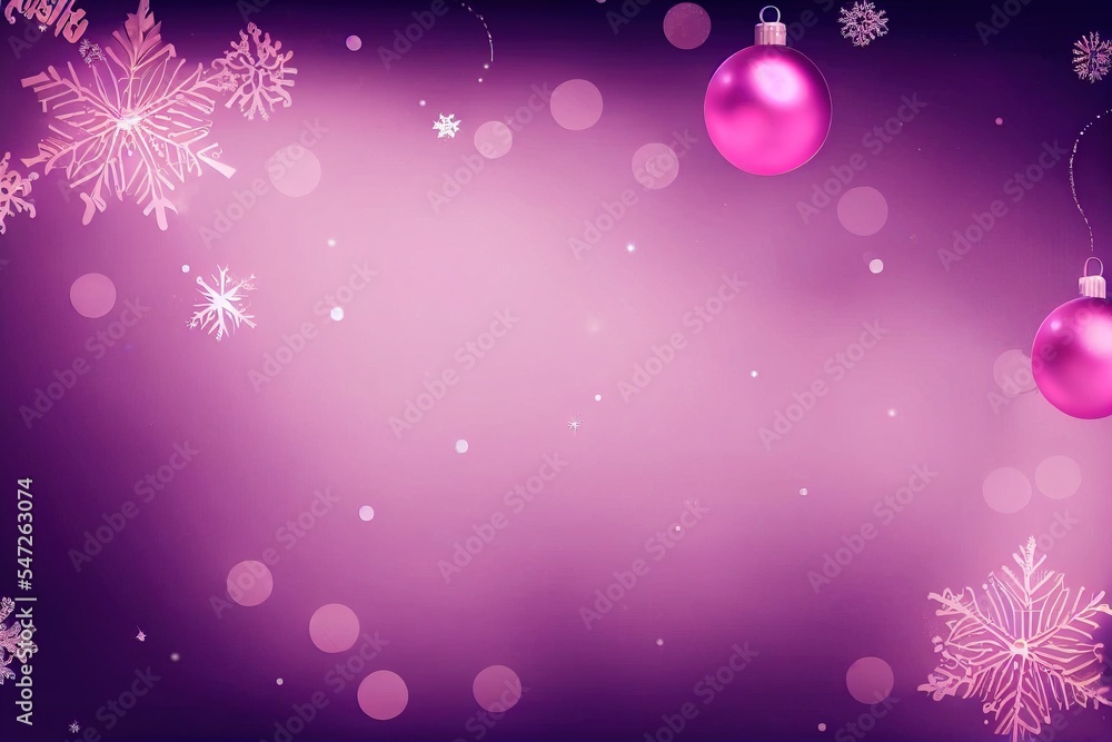 Fototapeta premium christmas purple background with christmas balls and snowflakes, copy space, top view