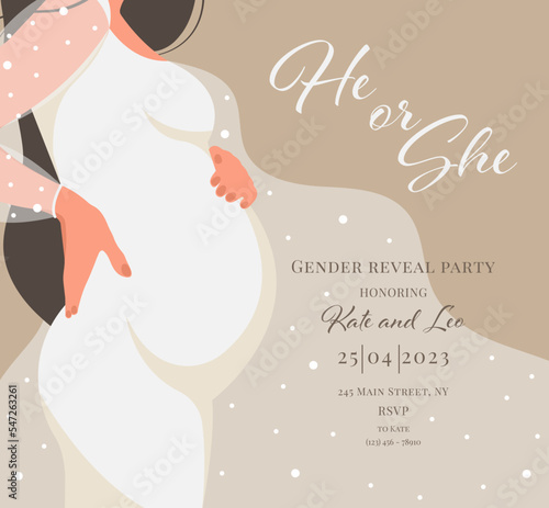 Invitation for gender reveal party with pregnant mother. Vector flat illustration for card, , design, flyer, poster, decor, banner, web, advertising. Beautiful girl, woman.	
