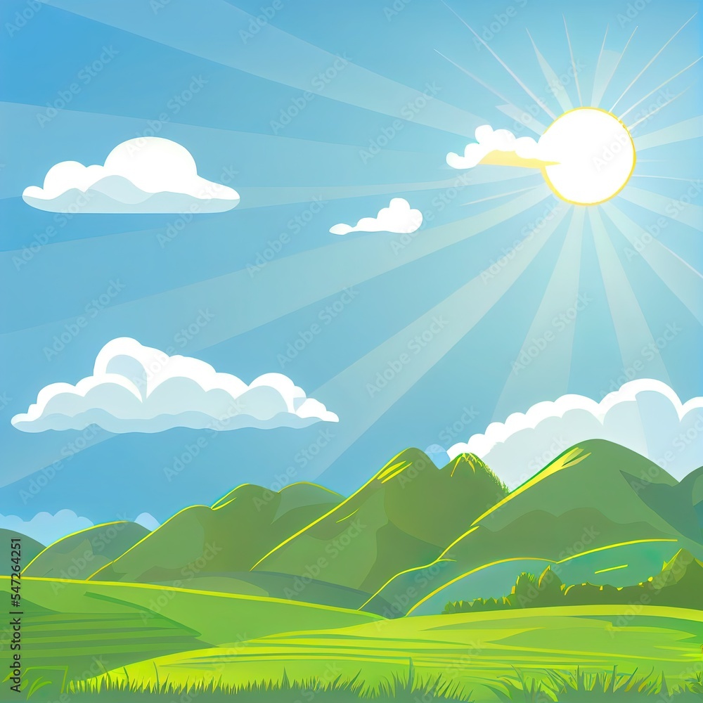 Flat design illustration of summer mountain landscape with green grassy hill under a clear blue sky with white clouds and shining sun 2d illustrated