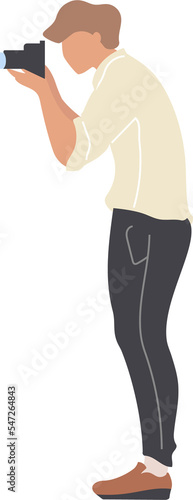 Young man taking picture with camera semi flat color raster character. Full body person on white. Hobbyist photographer simple cartoon style illustration for web graphic design and animation