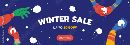 Winter Sale banner design in cartoon style. Winter background with falling snow and snowball fight. Ideal for header, website, promo. Vector illustration.