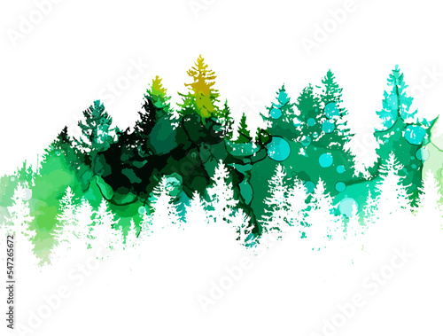 Hand Drawn Watercolor Painting of Winter Forest Landscape. Watercolor green forest Christmas trees. Vector illustration