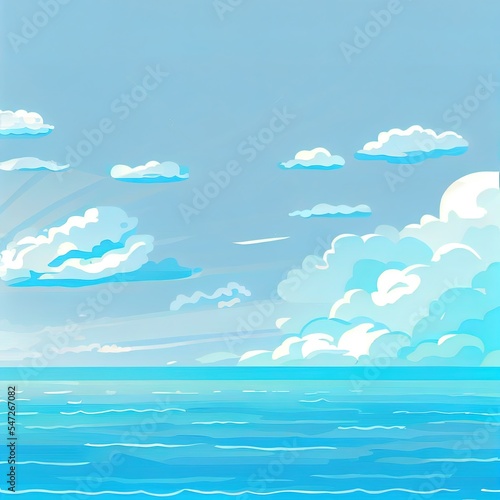 Sky and sun at sea background, ocean and beach 2d illustrated island scenery empty flat cartoon. Ocean or sea water with waves and clouds in sky, summer blue seascape with cloudy sky and seaside
