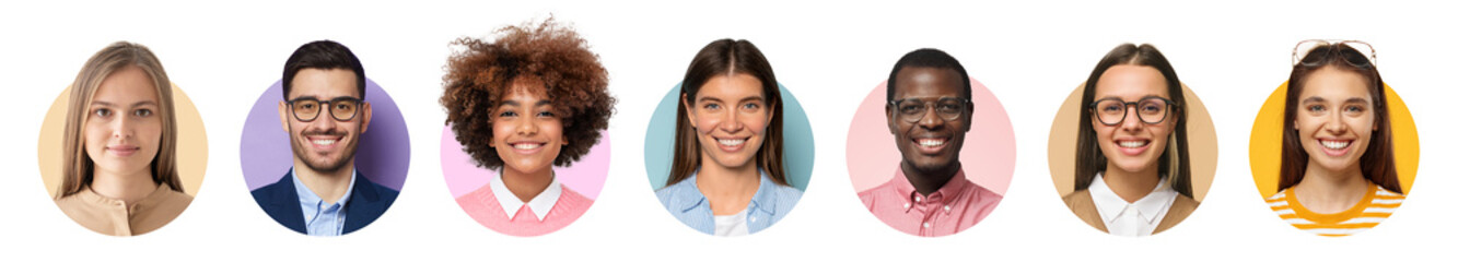Collage of portrait and face of group of smiling young diverse people for profile picture