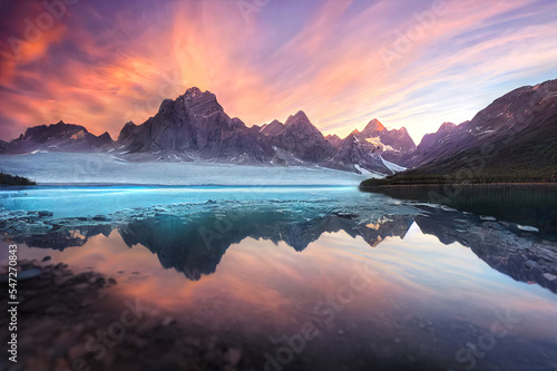 digital illustration of natural scene view of melting icebergs at summer time into a lake between mountains