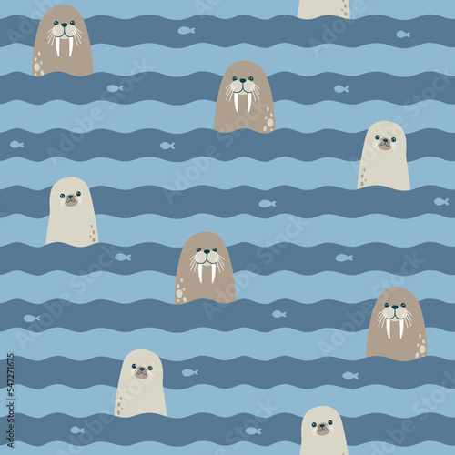 Vector seamless pattern - abstract striped waves with walrus and fur seal © Baranovska
