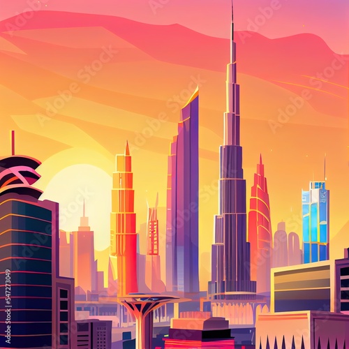 Dubai amazing city skyline with luxury skyscrapers at sunset  United Arab Emirates