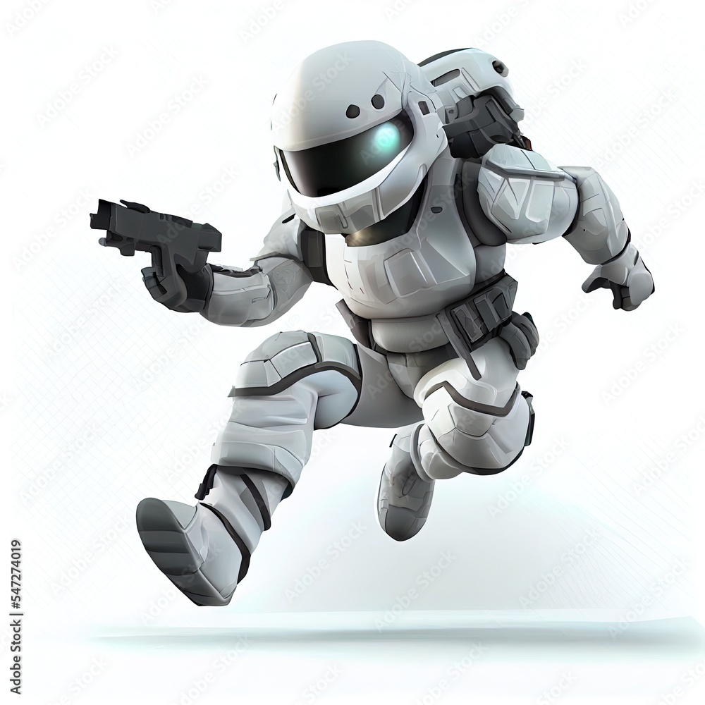 future soldier is jumping in white background, 3d illustration future soldier is jumping in white background, 3d illustration