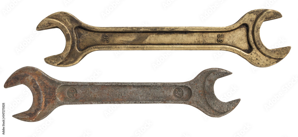 Old rusty wrenches, set spanners isolated on a transparent background