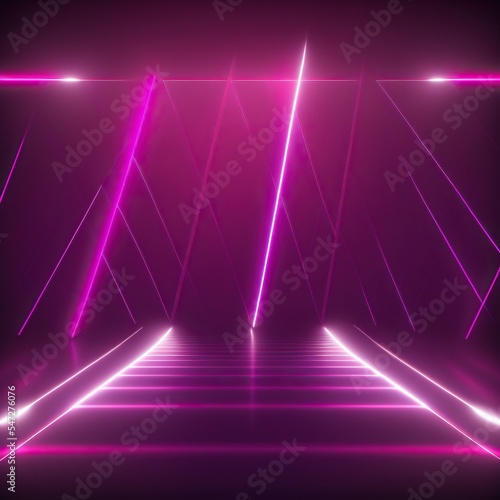 Dark background. Room with pink neon lights. Lines and LEDs, night view. Abstract pink wallpaper. 