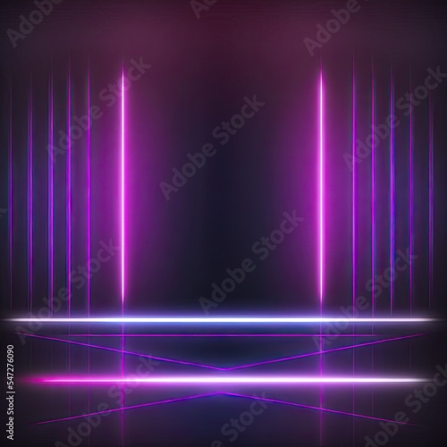 Dark background. Room with pink neon lights. Lines and LEDs, night view. Abstract pink wallpaper. 