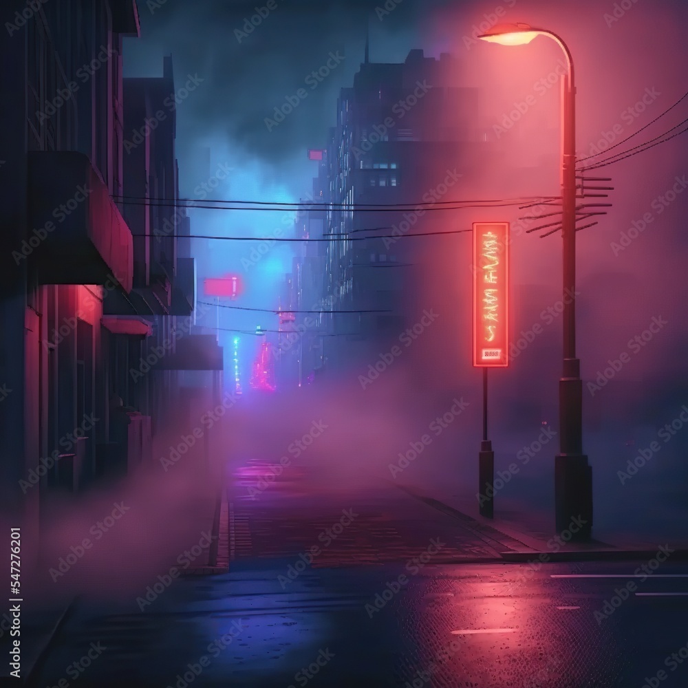 Cyberpunk dark street background with buildings